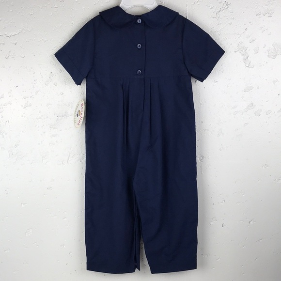 NWT ROSALINA COLLECTIONS Ocean Navy Smocked Kicker With Collar - Picture 2 of 4